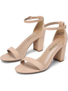 Women's Nude Suede Comfortable Open Toe Ankle Strap Chunky Block Heel Sandal